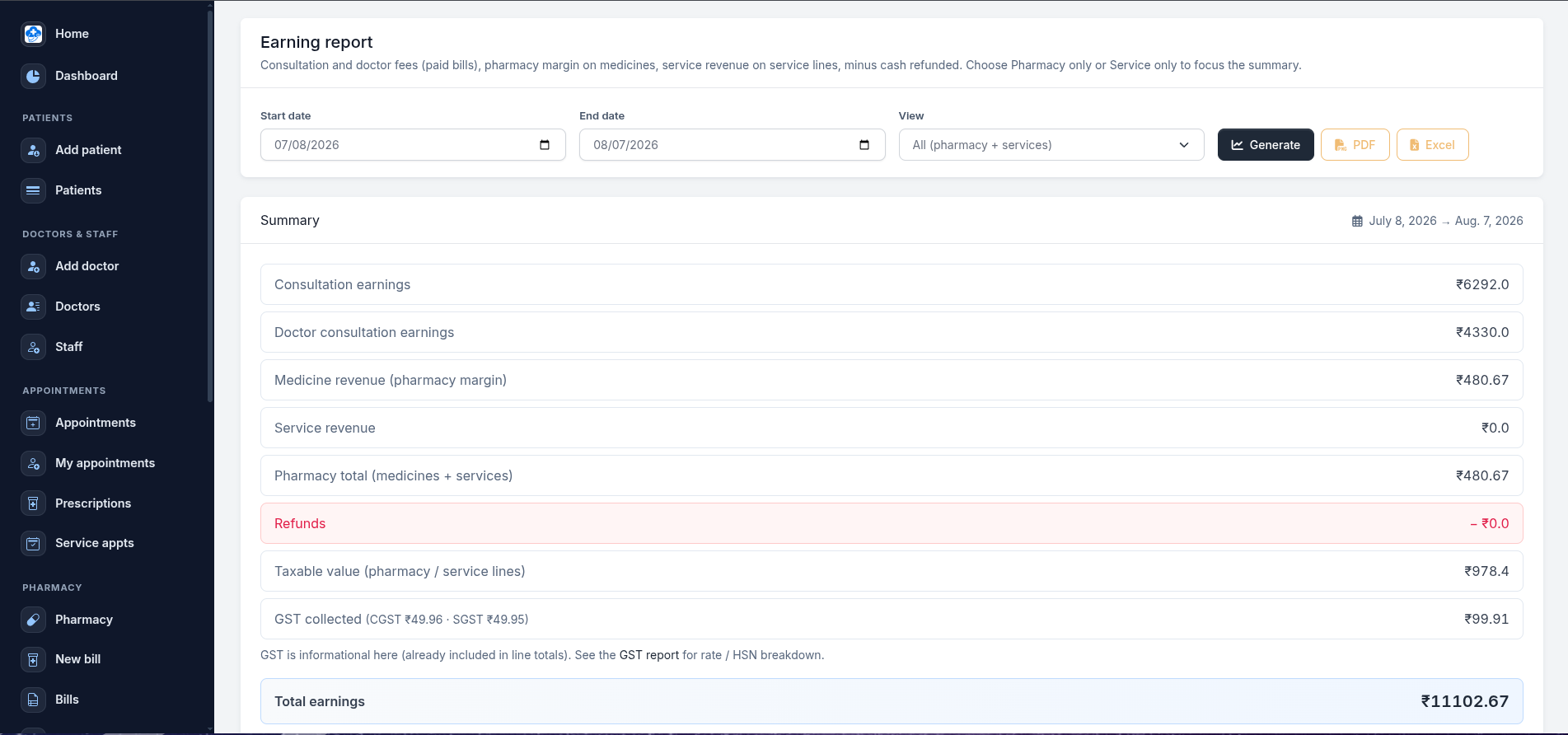 Desktop earning report summary with totals