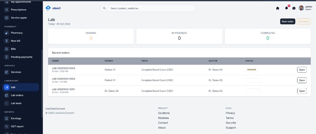 Lab dashboard with pending, in-progress, and completed orders