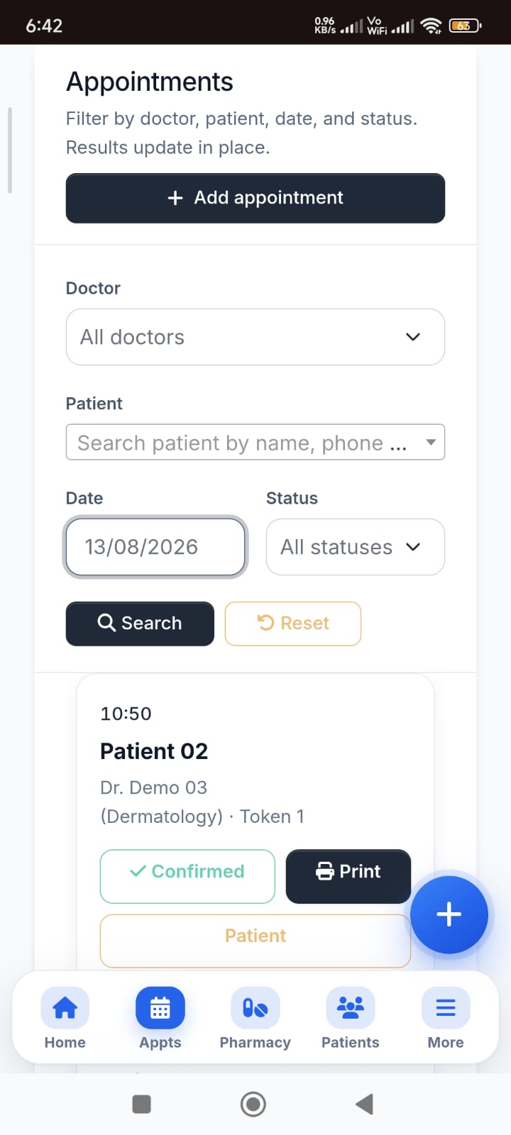 Mobile appointments list with token and status