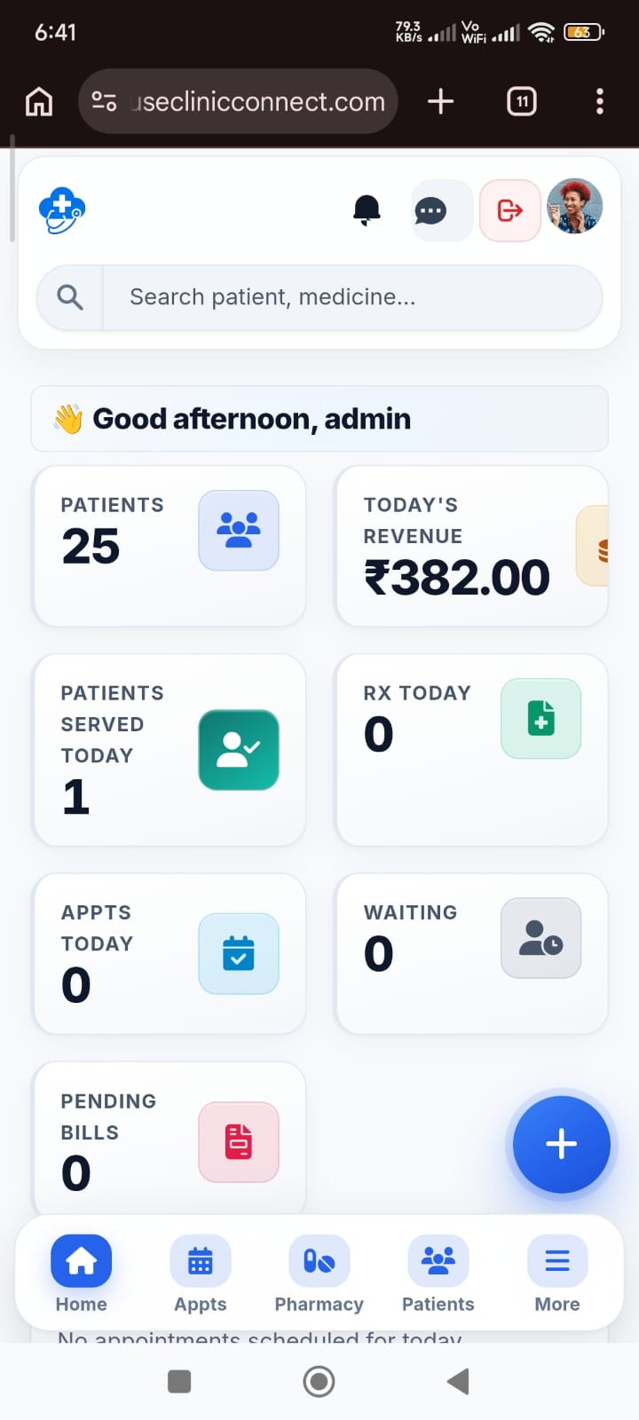 UseClinicConnect mobile clinic dashboard