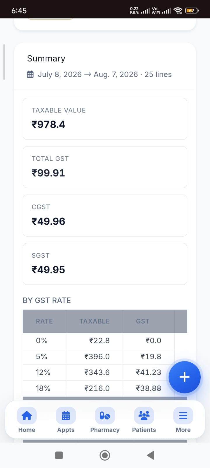 Mobile GST report with taxable value and rate breakdown