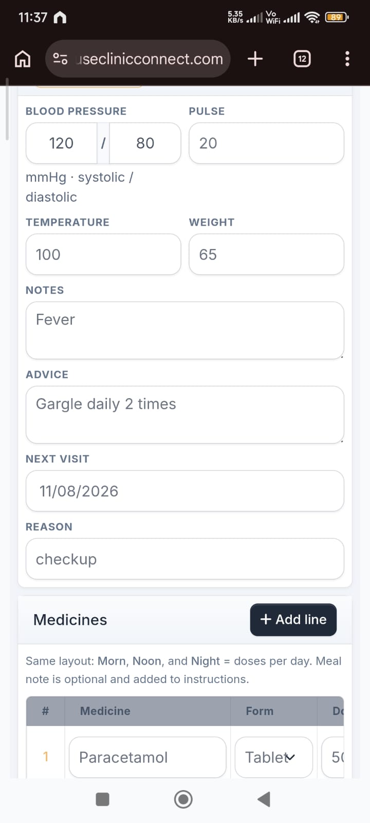 Mobile prescription form with vitals and medicines