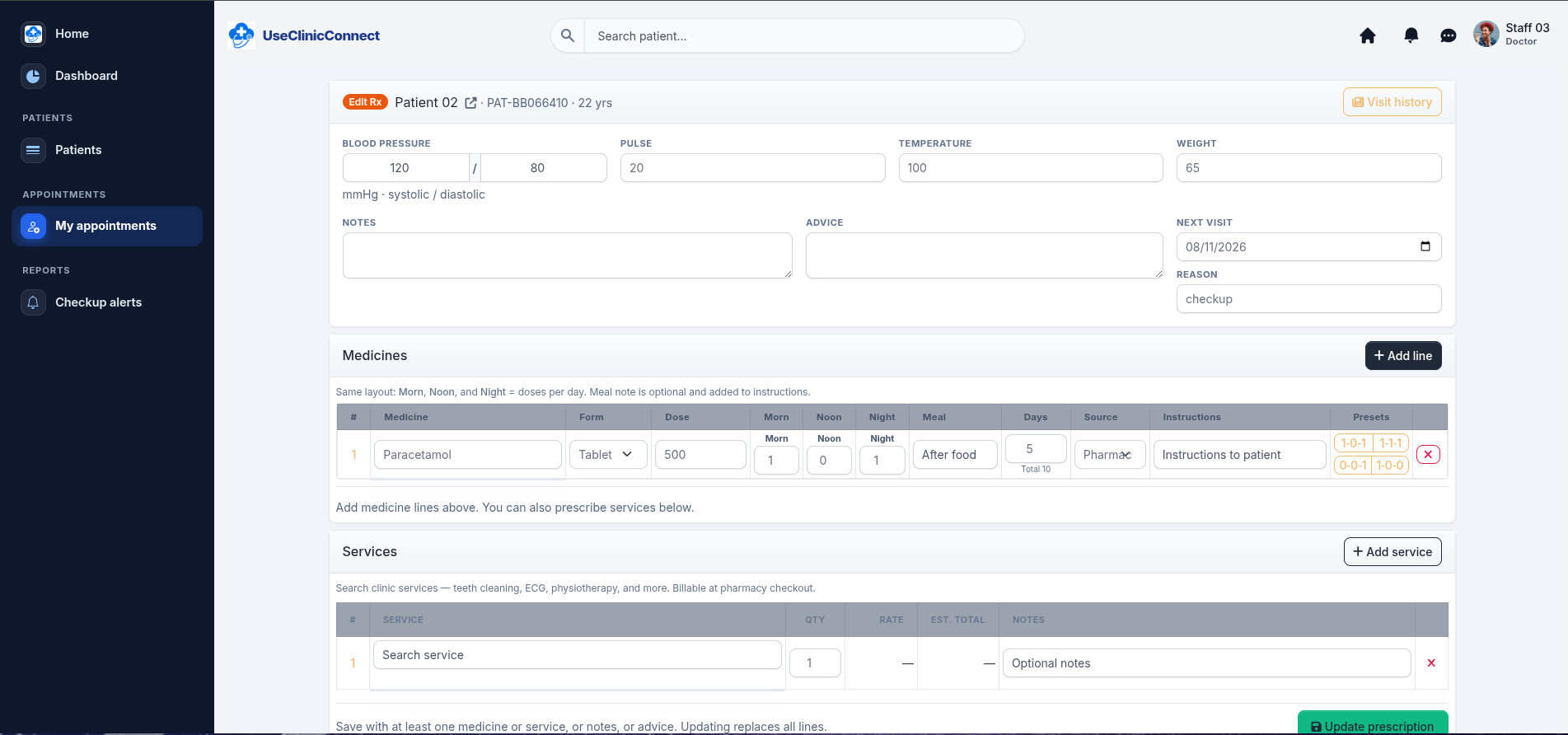 Desktop prescription screen with vitals and medicines