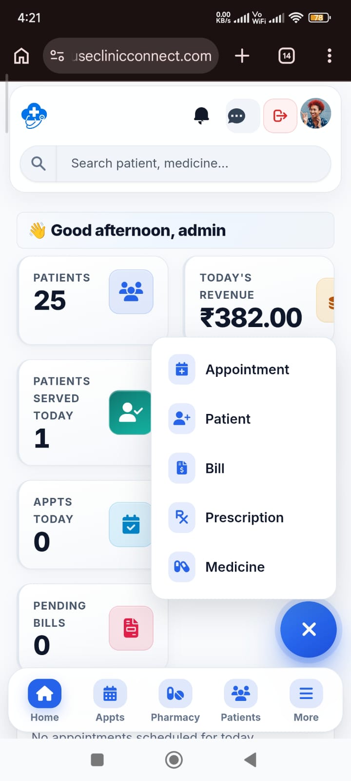 Clinic dashboard open on a mobile phone