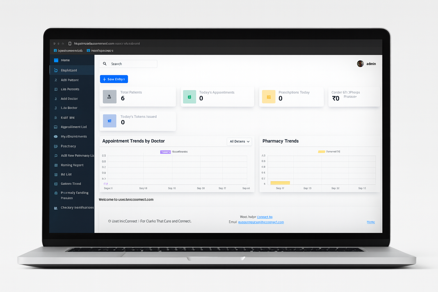 Clinic software dashboard with appointments, billing and daily reports